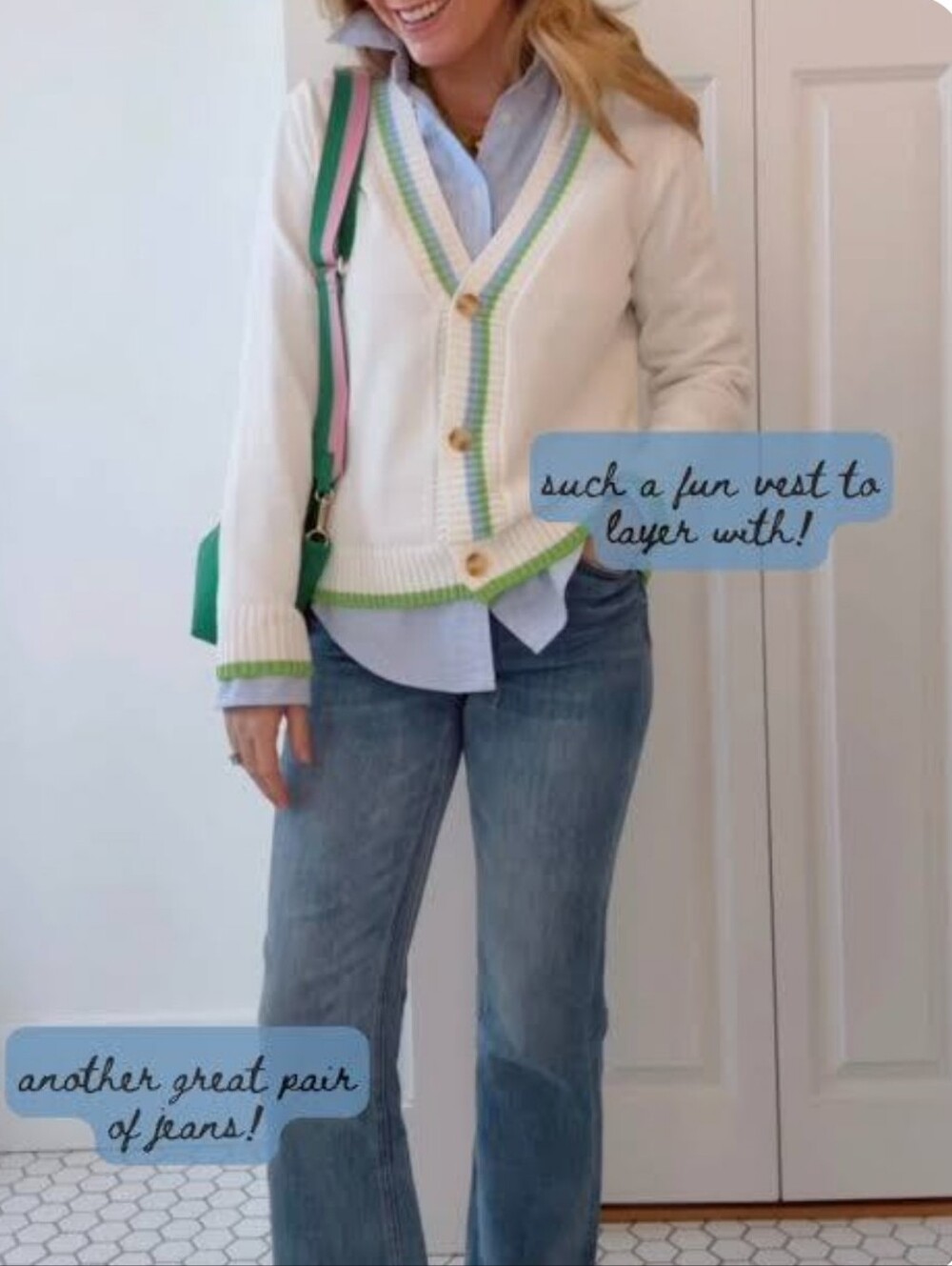 Women’s Cream V-Neck Cardigan with Green & Pastel Trim
